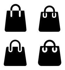 four identical black silhouette icons of shopping bags 