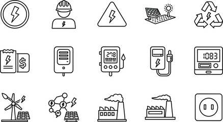 Electrical energy and renewable power line icon set featuring solar panels, wind turbines, electric meters, battery charging, and industrial factory symbols. © Rukunutejaman