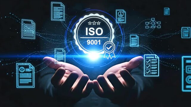 Hands holding ISO 9001 concept represents the standard and management.