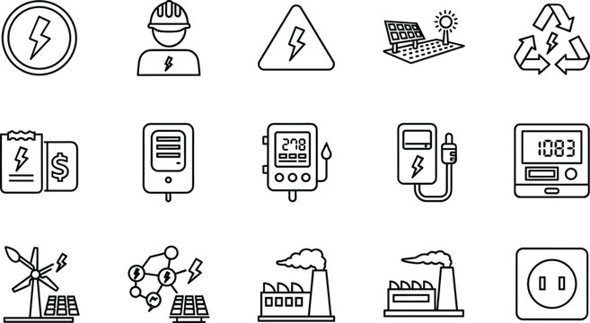 Electrical energy and renewable power line icon set featuring solar panels, wind turbines, electric meters, battery charging, and industrial factory symbols.