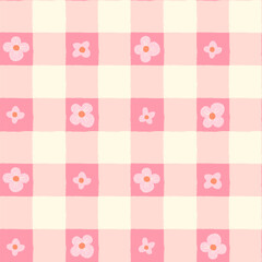Cute pink gingham and flowers vector seamless pattern, Romantic check backgrounds for spring and summer designs