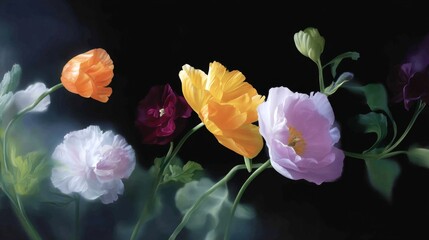 A stunning arrangement of colorful flowers against a dark background. This image captures the beauty of nature in a soft, artistic style. Perfect for floral designs and nature lovers. AI
