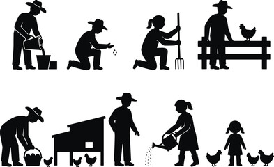 Black Silhouettes of Farmers Planting Seeds Watering Crops and Raising Poultry on a Farm Isolated on White Background for Agriculture Design © Shihab Creative