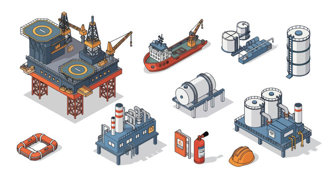 Oil Rig and Equipment Isometric Icons Set.