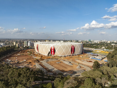 Aerial view of the iconic Moi International Sports Centre, a beacon of athletic prowess, stands majestically against the skyline, Nairobi, Nairobi County, Kenya.