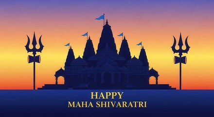 Happy Maha Shivaratri Greeting Hindu Temple Silhouette at Sunset