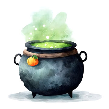 Magic Witch Cauldron with Green Smoke Watercolor Illustration Isolated on Transparent Background