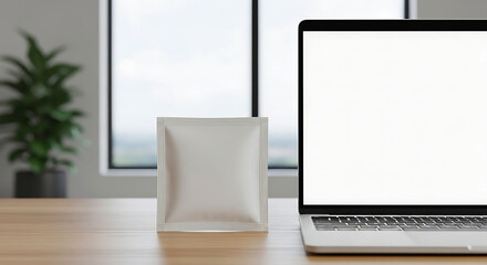 Fototapeta premium Blank screen laptop on desk for product mockup in modern office setting with natural light
