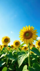 Fototapeta premium Tall sunflowers stretch towards a clear blue sky , blue, photography, rural