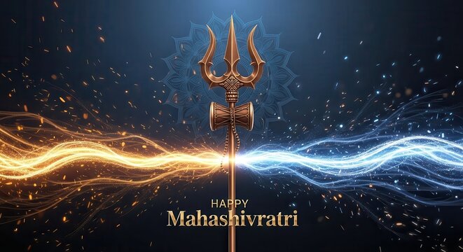 Happy Mahashivratri Divine Trident of Shiva with Glowing Energy, Spiritual Festival Background