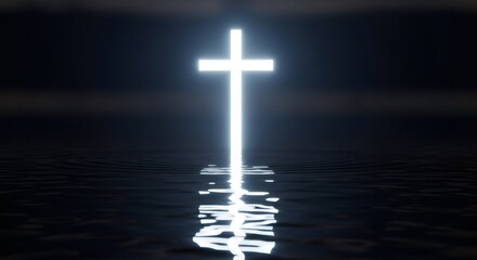 Glowing white cross reflecting on water surface. Religious Christian symbol of faith, salvation and spirituality. Divine light concept.