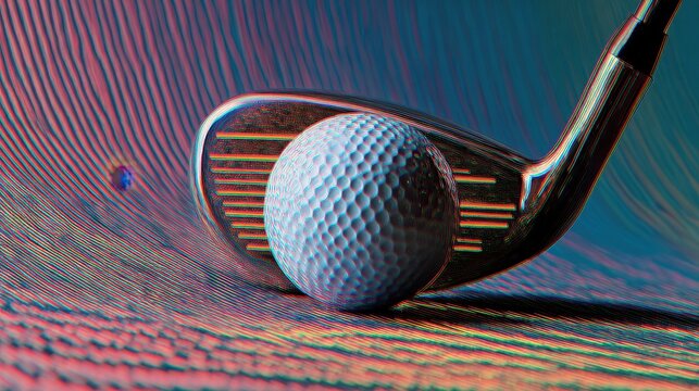 Golf ball and club head on a vibrant, abstract wavy surface with a digital glitch effect, sports concept.