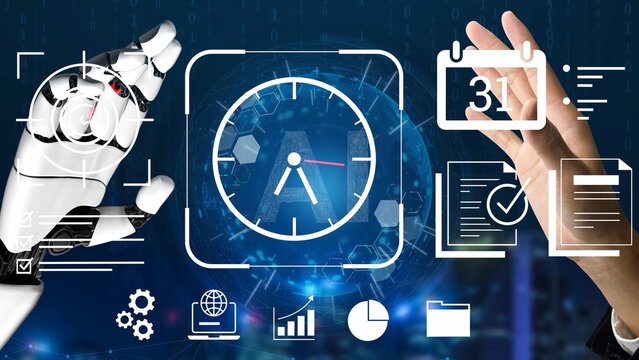 Futuristic robotic hand and digital interface showcasing time management, technology integration, and artificial intelligence in modern workspace setting Gluon. - Powered by Adobe