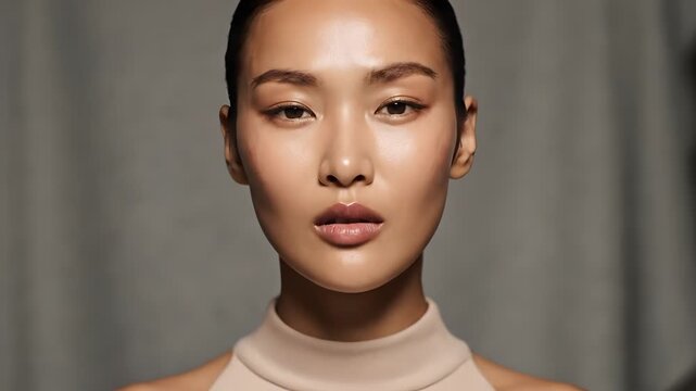 Close-up portrait of a young woman with a neutral expression and a thoughtful mindset against a gray background.