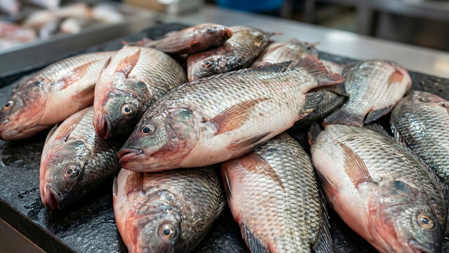 Raw tilapia fish rich in protein, displayed on a clean surface. Ideal for healthy diet concepts, pescatarian recipes, and nutritional content regarding fresh seafood and omega-3.