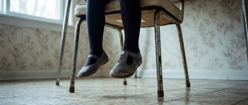 Young child's legs in black tights and grey shoes dangle from a rusty vintage chair, creating a nostalgic and melancholic mood in a softly lit room
