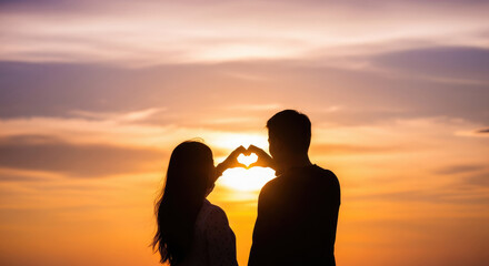 Couple in Love Creating Heart Symbol with Hands over the Sun.
