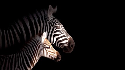 Fototapeta premium Two beautiful zebras stand against a dark backdrop. Their striking black and white stripes create a unique visual effect. A stunning piece for wildlife lovers. AI