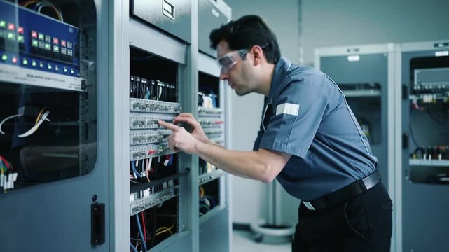 Electrician inspecting wiring in industrial server room. Technical specialist performing maintenance on electrical components within data center.