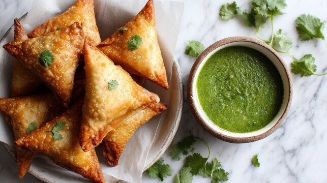 Golden brown fried samosas served in a bowl with green cilantro chutney on a marble background