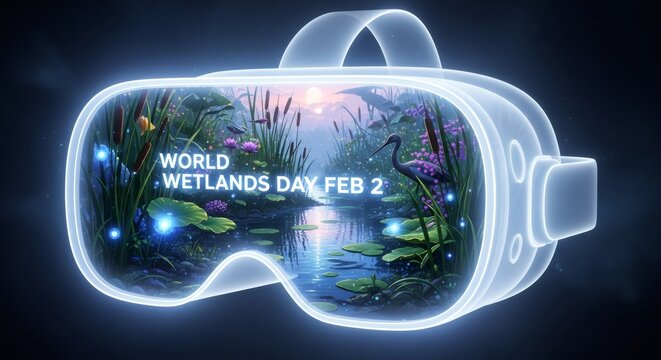 Immersive virtual reality headset displaying a vibrant wetland ecosystem
