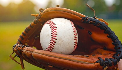 Close-up of a baseball in a leather glove on a field.