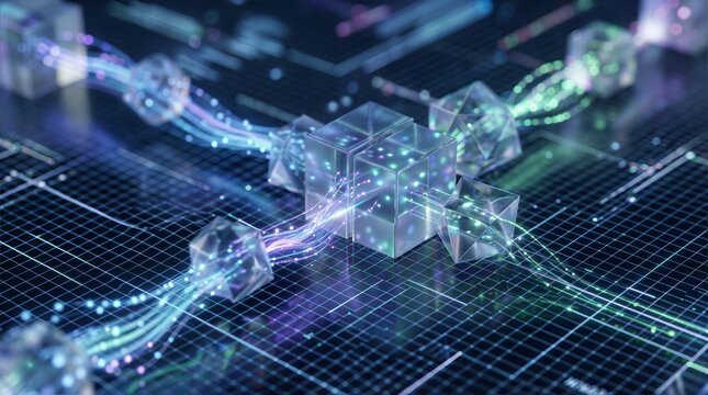 Abstract geometric shapes on digital grid with glowing blue data stream - Powered by Adobe