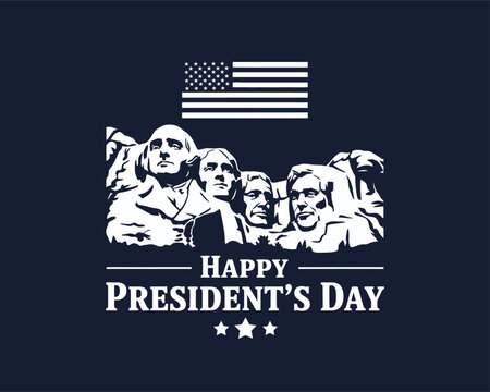 Happy Presidents Day Commemorative Banner Featuring Mount Rushmore National Memorial and American Flag for Patriotic Holiday Marketing Materials