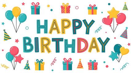Happy Birthday typography text poster design template background for celebration greeting card with colorful balloons and gifts