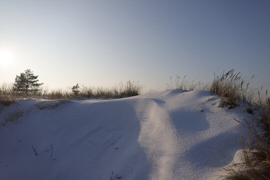 Snow-covered coastal sand dunes on Stogi Beach in Gdansk, Poland. Winter landscape of the Baltic coast with frozen sand, minimalistic scenery and cold seasonal atmosphere. Natural coastal environment 