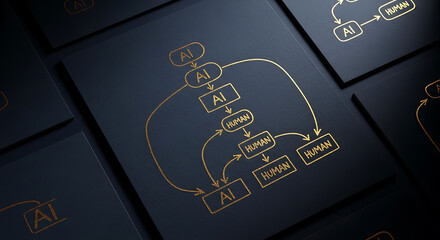 Complex flowchart illustrating the interaction and relationship between artificial intelligence and human elements on a dark background with multiple connected diagrams and labels.