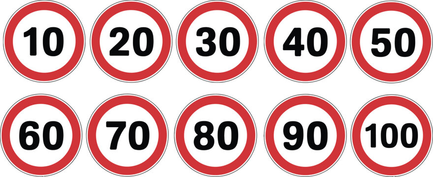Ten speed limit signs with numbers 10 to 100 road traffic