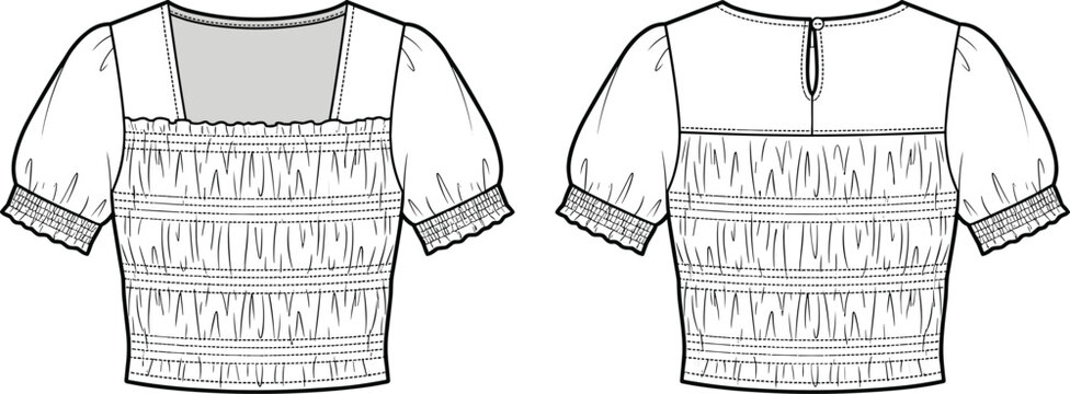 Fashion Design Flat Sketch Of A Smocked Square Neck Puff Sleeve Top vector illustration