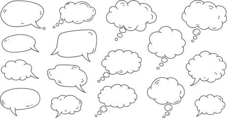A collection of hand-drawn doodle speech bubbles and thought clouds for communication concepts