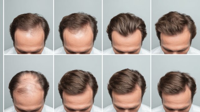 Hombre mostrando diferentes etapas de p&eacute;rdida de cabello, Calvicie masculina: progresi&oacute;n desde la juventud hasta la edad adulta, Soluci&oacute;n para la ca&iacute;da del cabello: antes y despu&eacute;s, injerto capilar