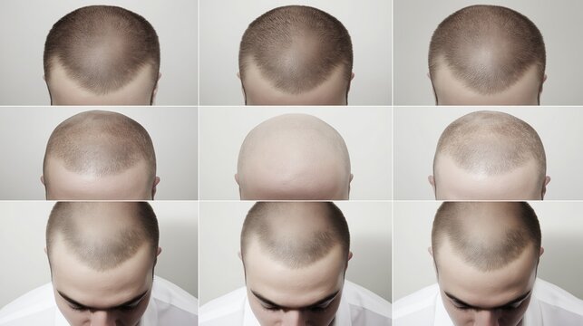 Primer plano de la cabeza de un hombre con diferente densidad capilar, Collage de fotos mostrando la evoluci&oacute;n de la calvicie masculina, Imagen para cl&iacute;nica de trasplante capilar