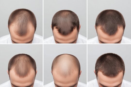 Comparativa de tratamiento para la alopecia masculina, Hombre con diferente densidad capilar vista desde arriba, Imagen para cl&iacute;nica capilar: antes y despu&eacute;s
