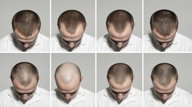 Fases de la alopecia masculina en collage, Calvicie en diferentes etapas, vista superior, Estudio comparativo sobre la evoluci&oacute;n de la calvicie, Mockup para productos contra la alopecia