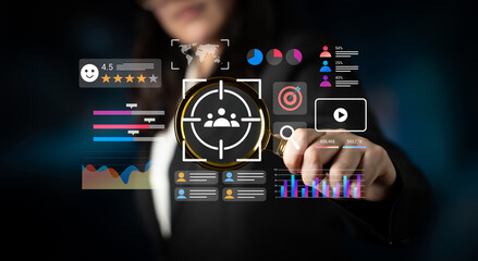 A business professional interacts with high-tech graphics to explore data analytics and customer metrics, enhancing strategic decision-making and engagement efforts. Gantry