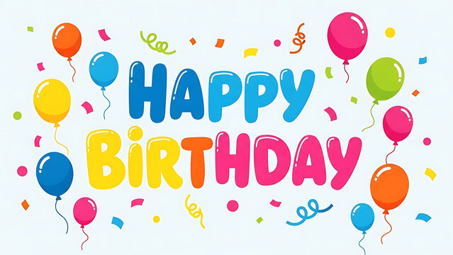 Happy Birthday typography text poster design template background with colorful balloons and confetti celebration