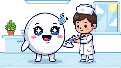 Fototapeta premium Cute cartoon tooth receiving dental injection from friendly dentist, oral healthcare concept, painless treatment illustration for kids and clinics