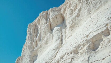 White chalk cliff face against bright blue sky white rock