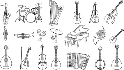 Hand drawn musical instruments doodle set with guitar, piano, drum, violin, saxophone, trumpet, harp and accordion illustrations © DolanAktar