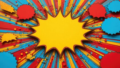 Yellow Starburst Speech Bubble with Red Blue Rays abstract