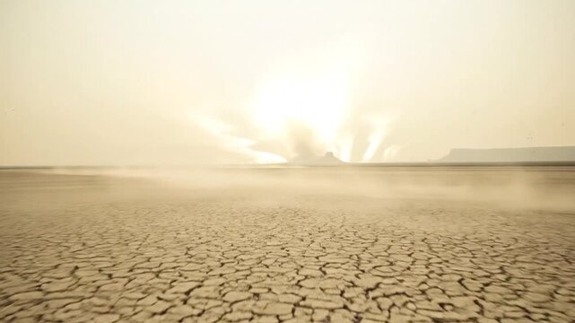 Arid cracked earth stretches to the horizon under a hazy, sunlit sky.
