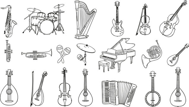Hand drawn musical instruments doodle set with guitar, piano, drum, violin, saxophone, trumpet, harp and accordion illustrations