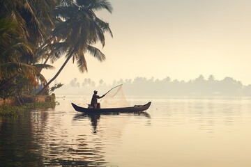 Traditional fisherman casting net from wooden boat at golden sunrise on calm lake