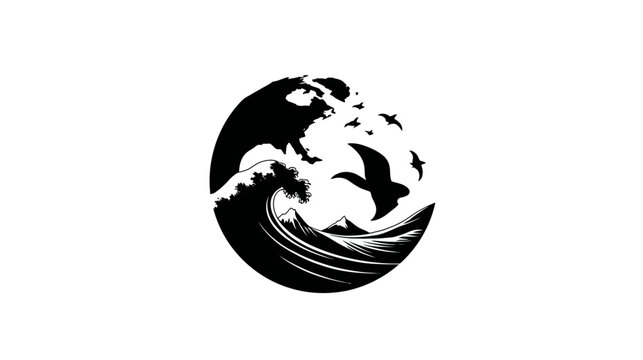 Powerful ocean wave, flying seagulls, and sun in a stylized black and white circular graphic. Marine nature illustration.