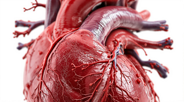 Detailed human heart model with visible blood vessels and arteries