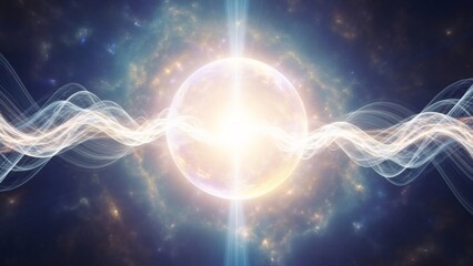 Bright glowing sphere surrounded by radiating light waves in cosmic space. Energy beam emanating from a central point. Divine power concept.